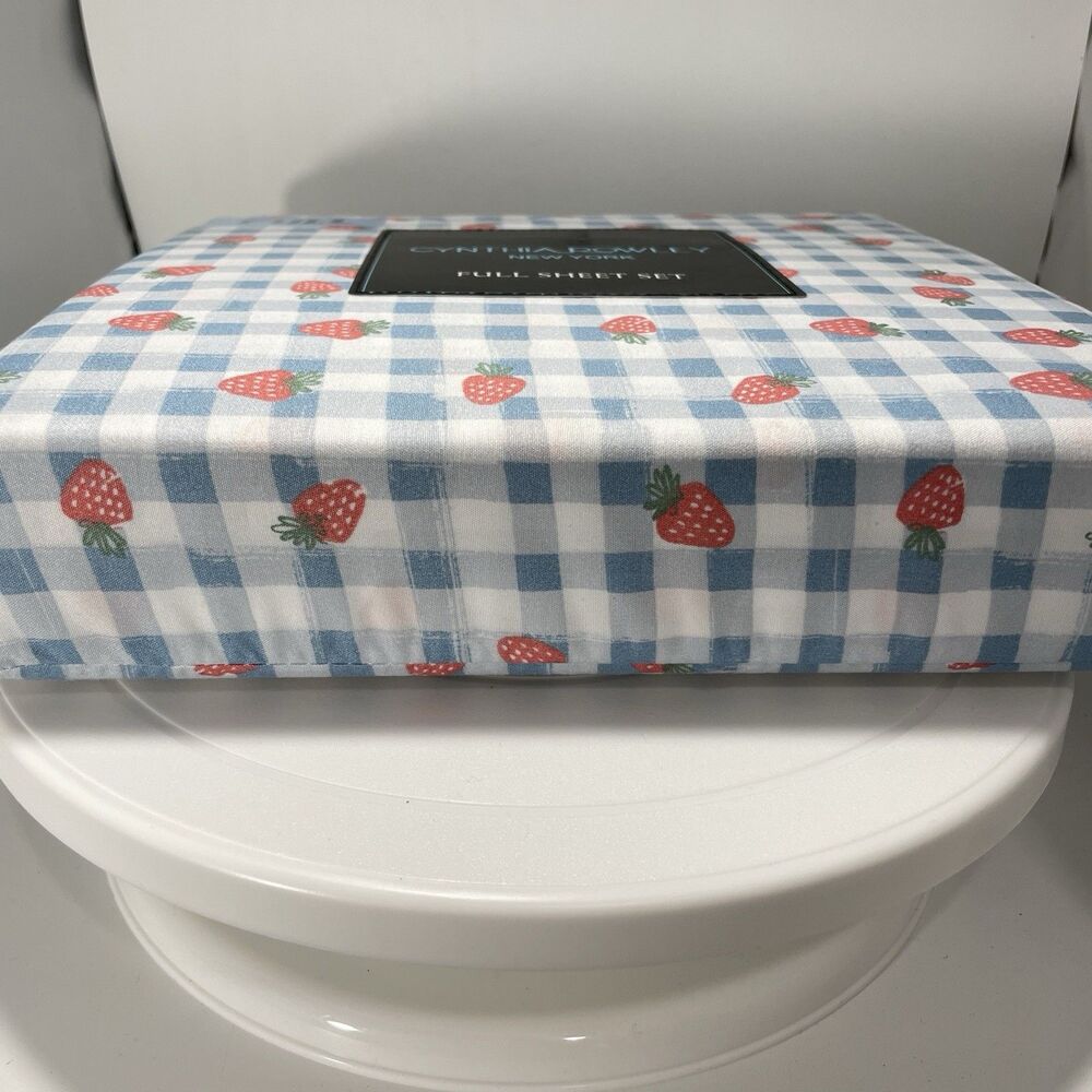 Cynthia Rowley Full Sheet Set Strawberry Gingham Blue Microfiber New - Picture 5 of 5